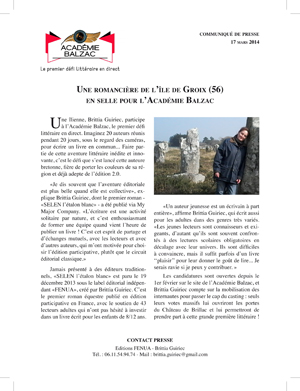 Communiqué de presse - Brittia-Guiriec à l'Académie Balzac